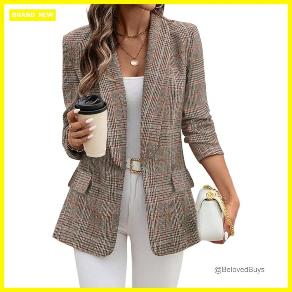 Shawl Collar Plaid Boyfriend Blazer Business Casual Open Front Jacket